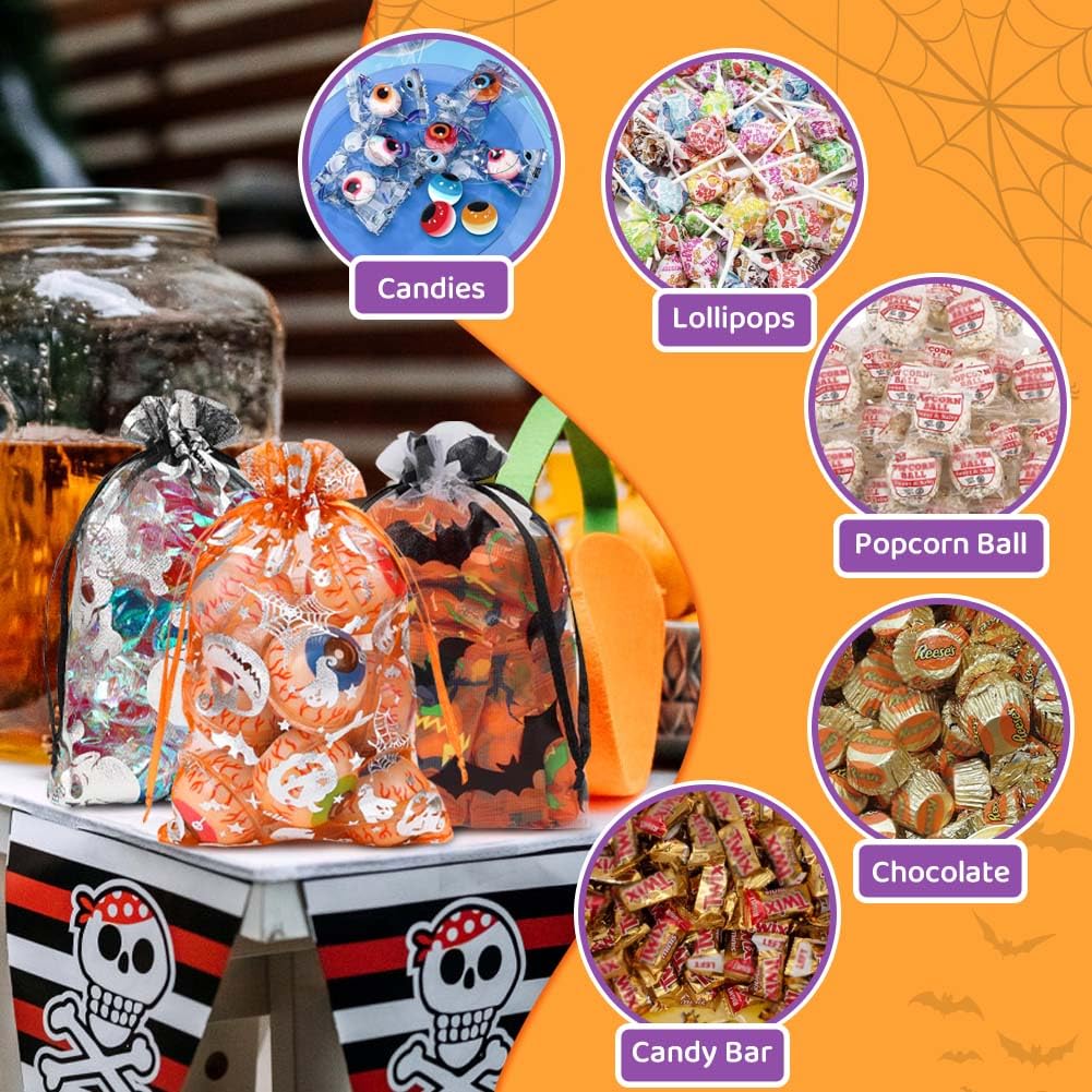 HRX Package 100pcs Halloween Organza Bags 4x6 inch, Mesh Candy Bags Drawstring, Small Goodie Bags for Treats, Jewelry, Party Favor