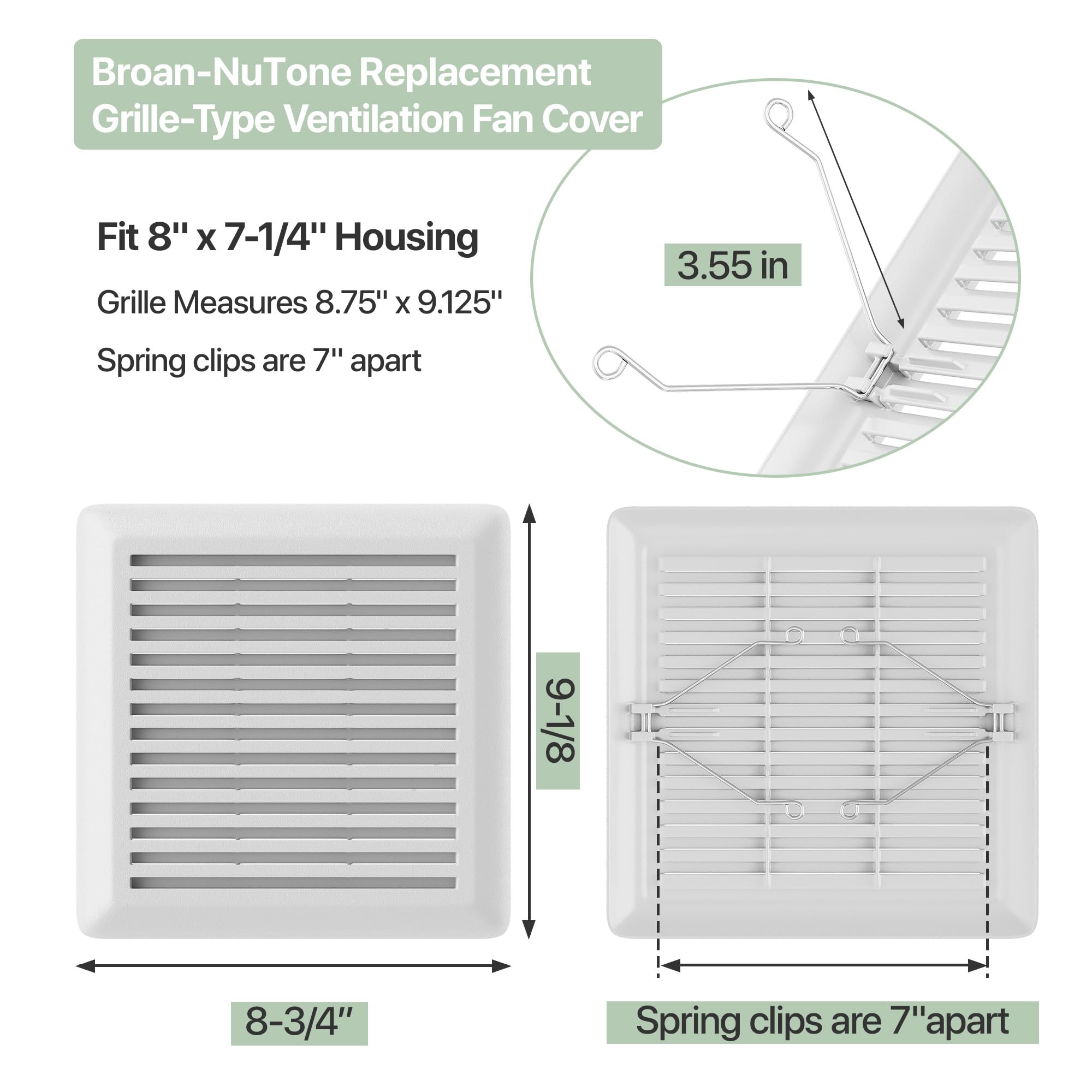 C350GN Bathroom Plastic Grille Cover with Springs for Broan-NuTone 695 and 696N Ventilation Fans, S97017068 Replacement for Broan-NuTone Wall-Mount Exhaust or Bathroom Vent Fan Grille, 1 Pack