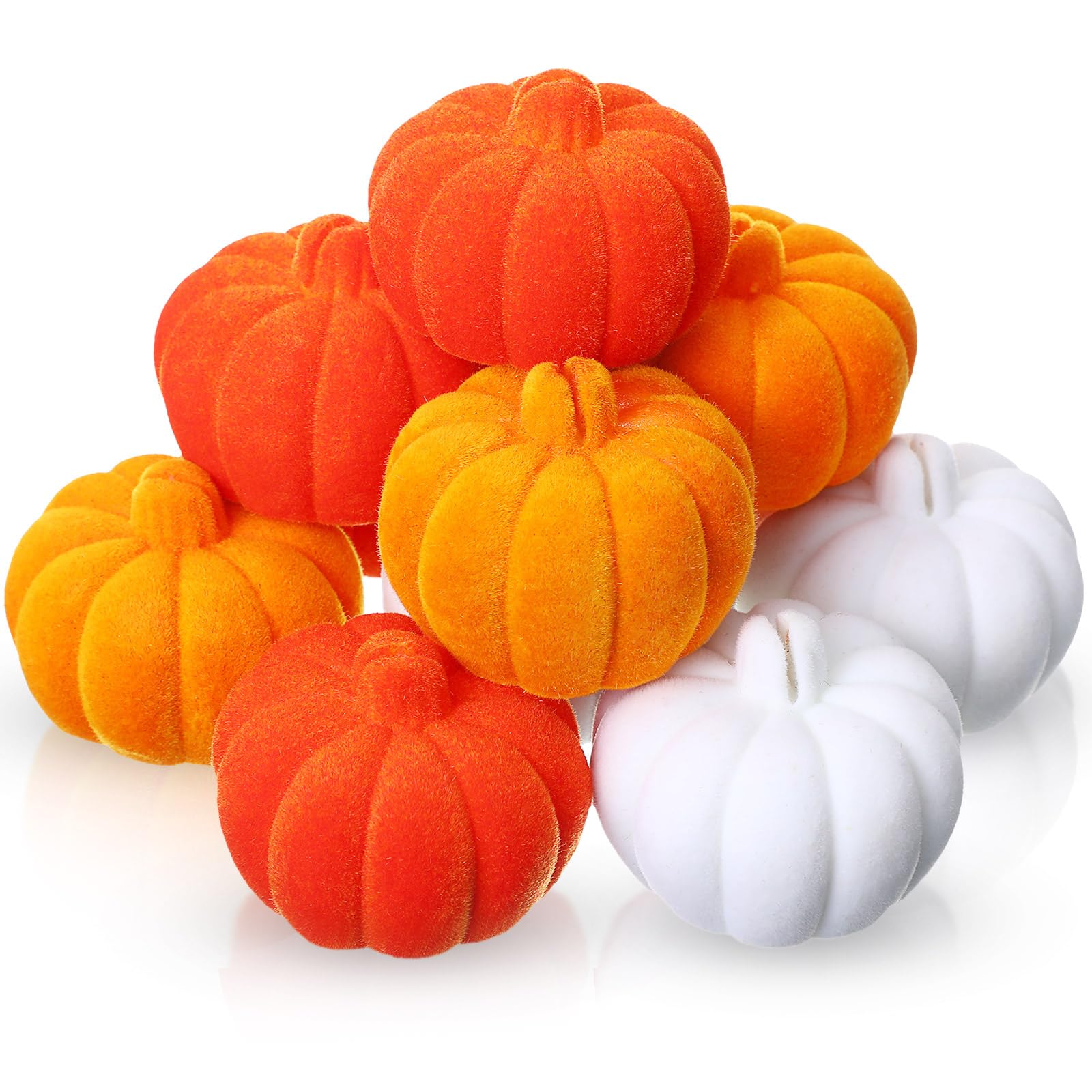 Wonderjune 12 Sets Artificial Pumpkins Harvest Fall Autumn Decoration with Card Thanksgiving Table Decor for Fall Themed Party(Orange, Brown, White)