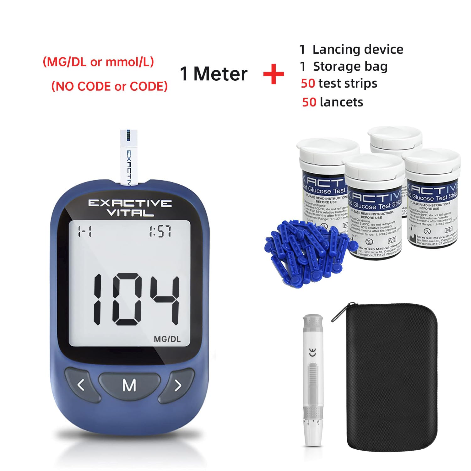 GSJING BLOOD GLUCOSE METER MONITOR WITH 50PCS TEST STRIPS (1 UNIT+50PCS STRIPS)