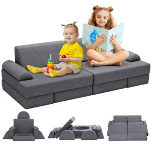 onbrill kids sofa couch, 12pcs modular play couch set, children floor sofa building fort, washable teddy cover, convertible foam & floor cushion, diy creative playroom furniture for boys & girls, grey