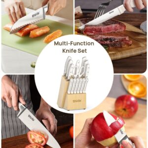 Knife Sets for Kitchen with Block 15-Piece, Otirilo Kitchen Knife Set High Carbon Stainless Steel Cooking Knife Set, Triple Riveted Forged Handle, Razor-Sharp Chef's Knife Set with Sharpener