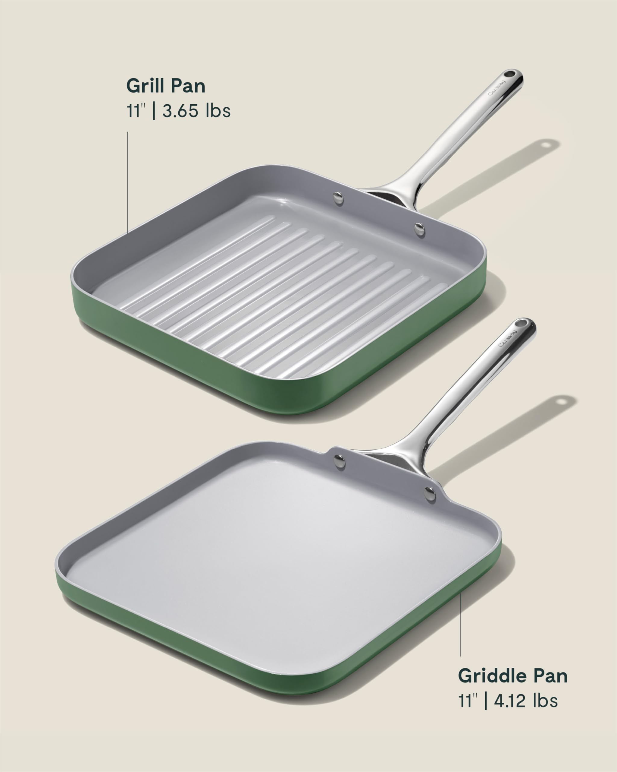 Caraway Griddle Pan & Grill Pan Duo - Non-Stick Ceramic Coated - Non Toxic, PTFE & PFOA Free - Oven Safe & Compatible with All Stovetops – Sage