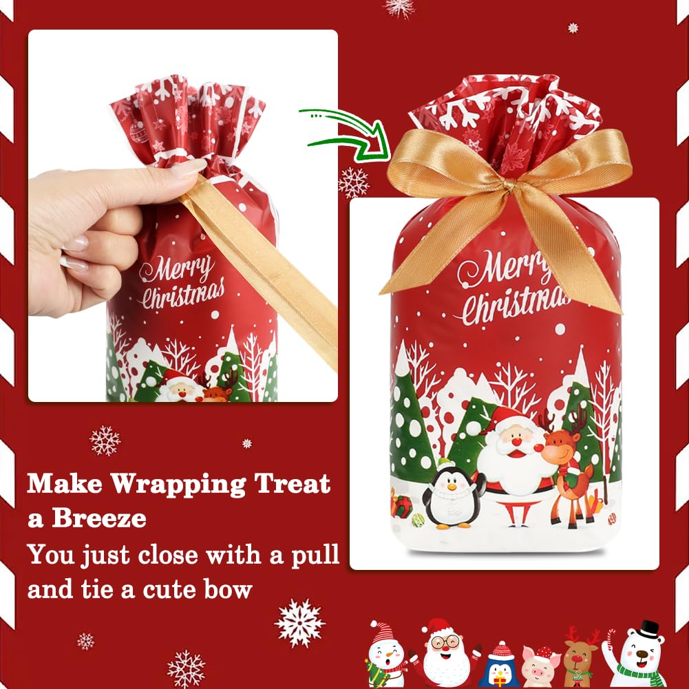 HRX Package 50pcs Christmas Treat Bags Drawstring, 5.8x9x2.4inch Holiday Goodie Bags Small Christmas Gift Bags for Candy Cookie gift giving