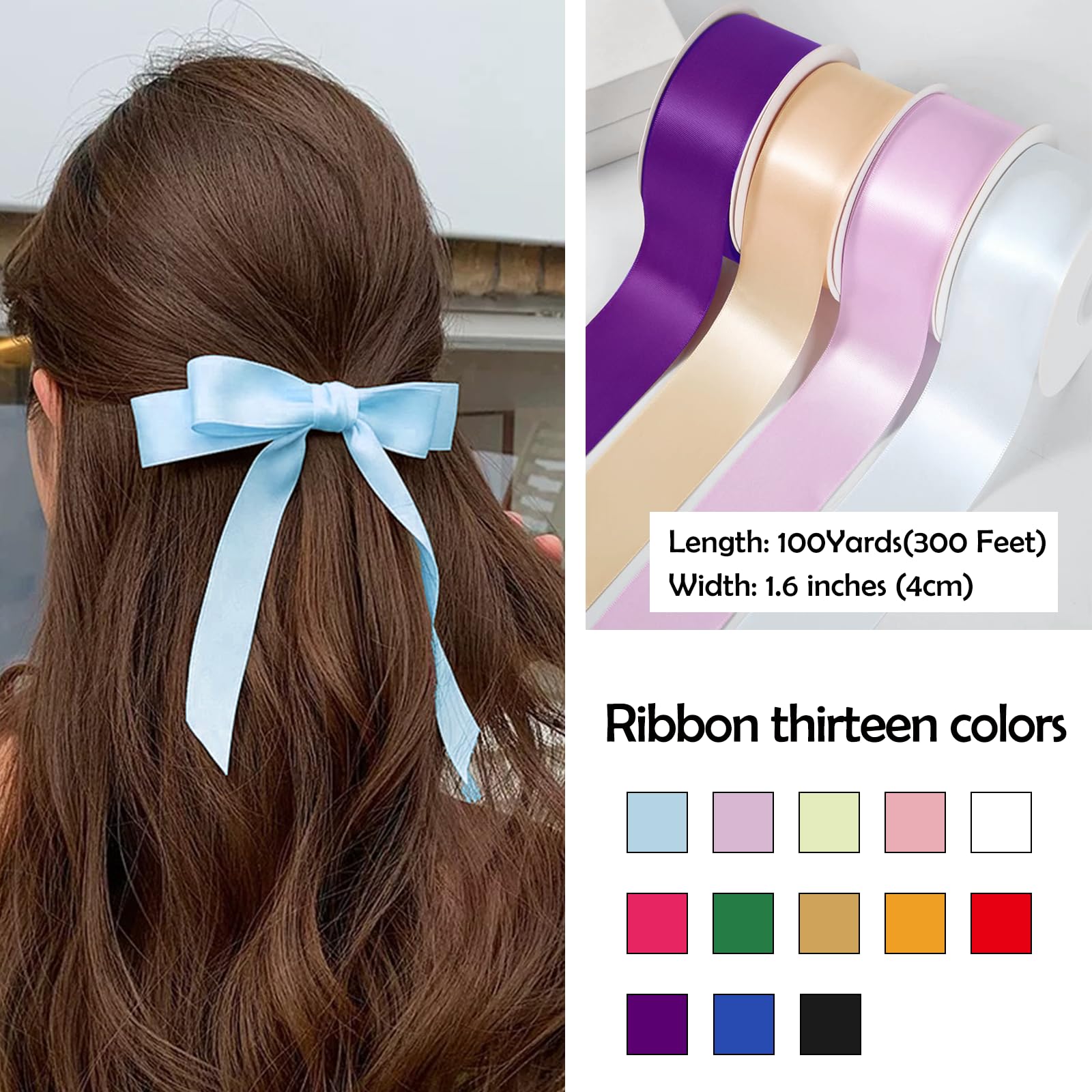 1.5 Inch x 100yds Satin Ribbon Solid Fabric Ribbons Roll for Gift Wrapping,Floral,Balloons,Craft Sewing,Valentine's Day,Wedding,Birthday Party Decoration(White)