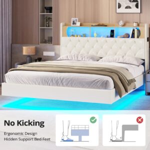 BTHFST Queen Floating Bed Frame with Storage Headboard & LED Lights & Charing Sation, Upholstered Headboard RGB LED Floating Bed with USB-C/A Charging Station, No Box Spring Needed, PU White