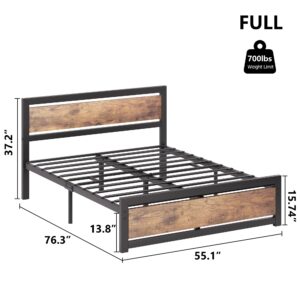 GAOMON Full Size Bed Frame Platform with Headboard, Industrial 14 inch Full Bedframe No Box Spring Needed, Easy to Assemble Noise Free Full Mattress Foundation, Retro Brown