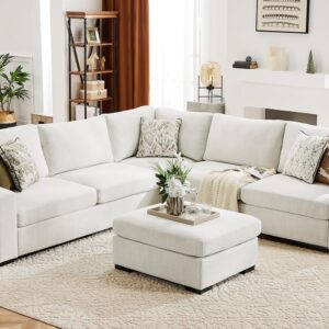 ABCASA 112" L Shaped Sectional Sofa with Detachable Sofa Cover, Movable Ottoman, Reversible Sectional Modular Couch for Living Room, Linen Fabric Corner Couch with 7 Seats, Ivory