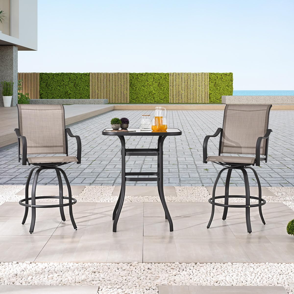 ARTLOFT 3 Piece Patio Bar Set Outdoor High Top Table and Chairs 360° Swivel Chairs Tall Patio Table with Tempered Glass Top Outdoor Bistro Furniture for Porch, Yard, Garden, Balcony, Deck (Grey)