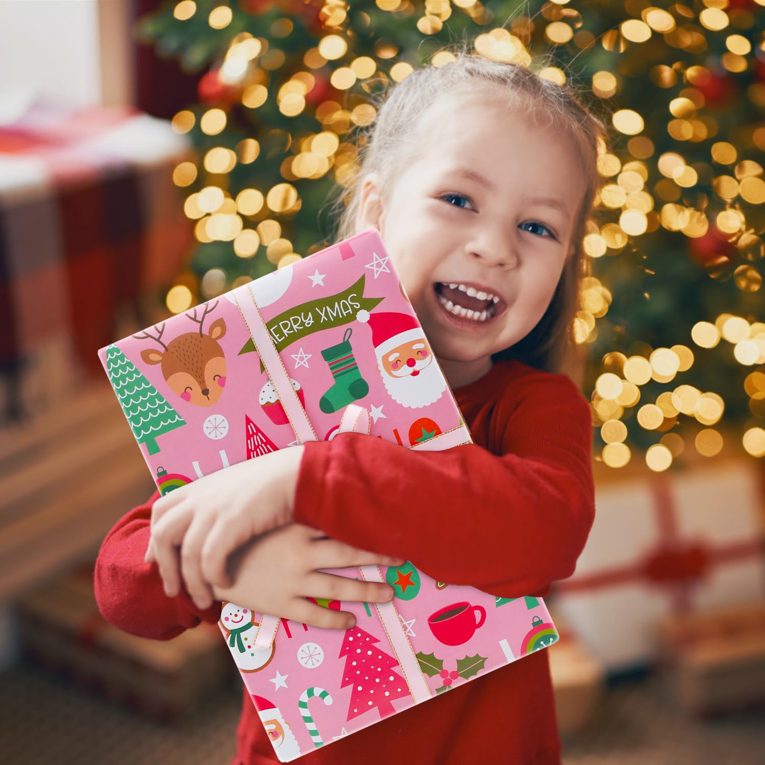 Pink Christmas Wrapping Paper, Baby Pink Merry Christmas Xmas Santa Snowman Wrapping Paper with Pink Ribbon 7 Folded Sheets 28x20 Inches Santa Wrap Paper for Kids Girls Women Christmas Holidays