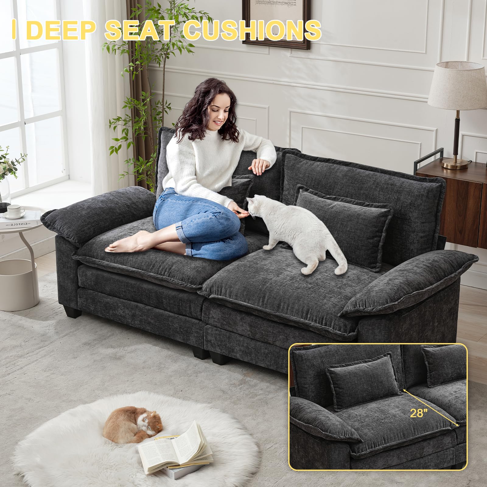 Generic DUNELLA 88.9"" Cloud Couch Sectional Couches for Living Room, Modular Chenille Sectional Sofa with Ottoman and Pillows, Modern Comfy Deep Seat Sleeper Sofa (Black, 3 Seat)