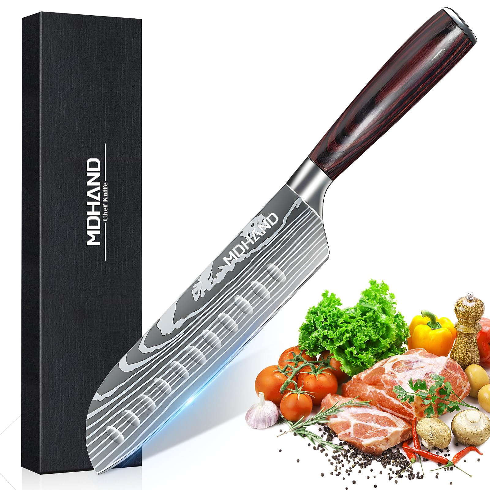 MDHAND 7" Santoku Knife – Ultra Sharp Japanese Chef Knife - Forged High Carbon German Stainless Steel Chopping Knife with Ergonomic Pakkawood Handle Design, Gifts for Women and Men