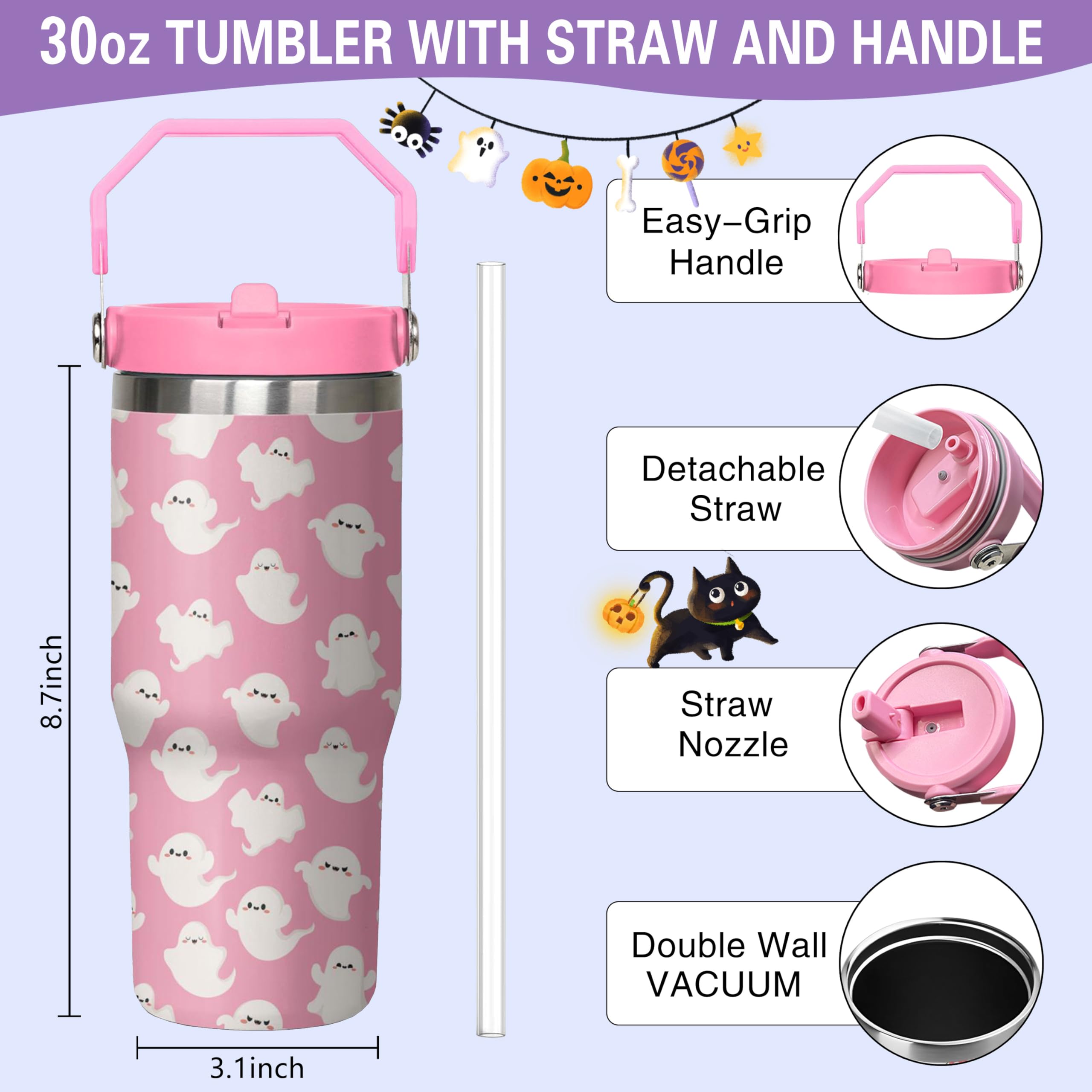 wxmbdzq 30 oz Halloween Tumbler Insulated Stainless Steel - Spooky Goth Ghost Travel Coffee Cup & Water Bottle, Witchy Goth Decor - Cute Ghost Gift For Mom, Dad, Sister - Spirit Halloween Cup, Pink