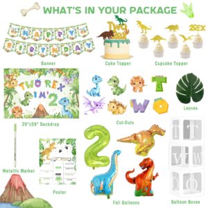 Fiesec Two Rex Birthday Decorations Boy, Dinosaur Party Decorations 2 Year Old Boy, 2nd Birthday Decorations For Boys, Backdrop Banner Balloon Cake Cupcake Topper Boxes Cutout Poster 138 PCs