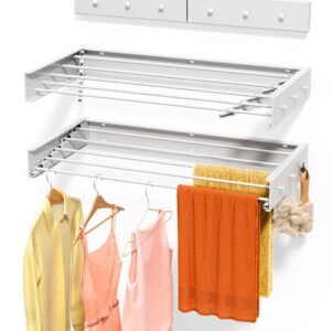 Upgrade Laundry Drying Rack Collapsible, Wall Mounted Drying Rack, Clothes Drying Rack, Retractable Drying Rack, 31.5" Wide, 13.2 Linear Ft, 5 Aluminum Rods (31.5'' Wide with 6 Hooks)