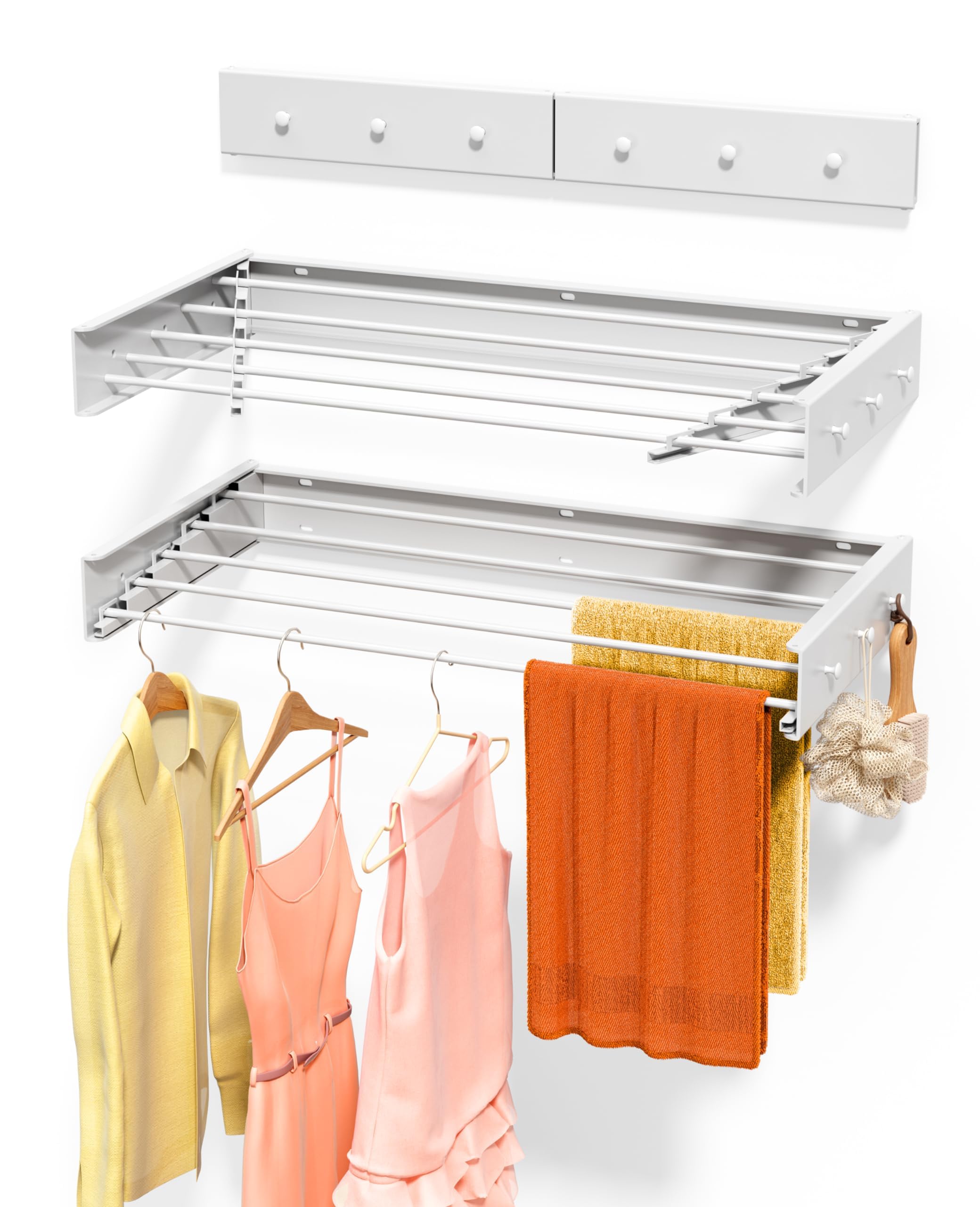 Upgrade Laundry Drying Rack Collapsible, Wall Mounted Drying Rack, Clothes Drying Rack, Retractable Drying Rack, 31.5" Wide, 13.2 Linear Ft, 5 Aluminum Rods (31.5'' Wide with 6 Hooks)