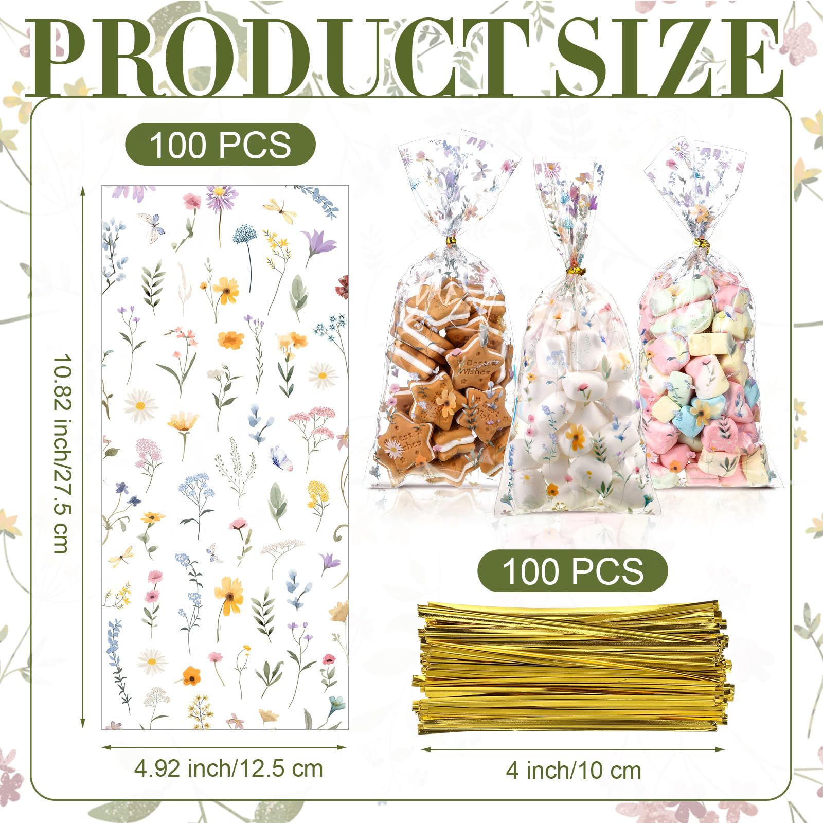 Sweetude 100 Pcs Wildflower Party Cellophane Treat Bags Floral Candy Bags Plastic Clear Goody Bags Flat Bottom Gift Bags for Baby Shower Bridal Shower Birthday Wedding Party Favors,11"x 5"