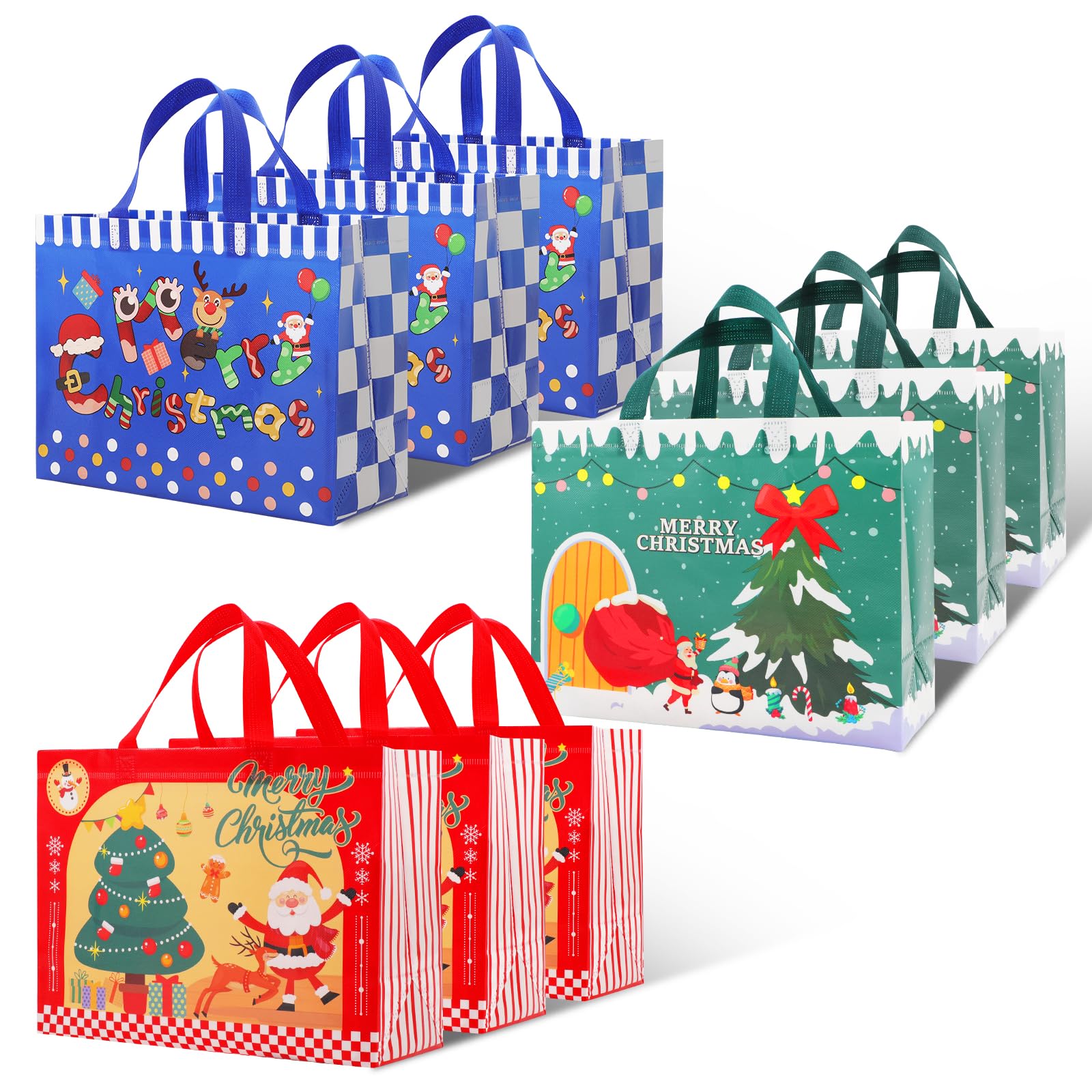 Yunaeduo Christmas Gift Bags - 9 Pcs Gift Bags for Christmas Presents - Christmas Bags with Handles, Christmas Tote Bags, Xmas Gift Bags, Holiday Gift Bags Bulk, 12.5" X 9.8" X 5.5"