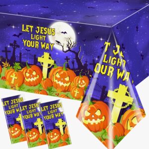 halloween christian tablecloth decorations,3pcs plastic religious halloween pumpkin table covers rectangle jesus pumpkin table cloth for let jesus light your way halloween party