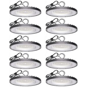 10 pack ufo led high bay light 200w, 30000 lm, 5000k daylight, commercial high bay led shop lights fixture with 5' cable us hook for warehouse workshop factory barn lighting