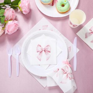 Crtiin 100 Pcs Bow Napkins 2 Ply 5 x 5 Inches Bachelorette Party Bow Theme Party Decorations Bridal Engagement Baby Shower Tableware Coquette Supplies Tea Party Girls Birthday Napkins Decor (Pink)