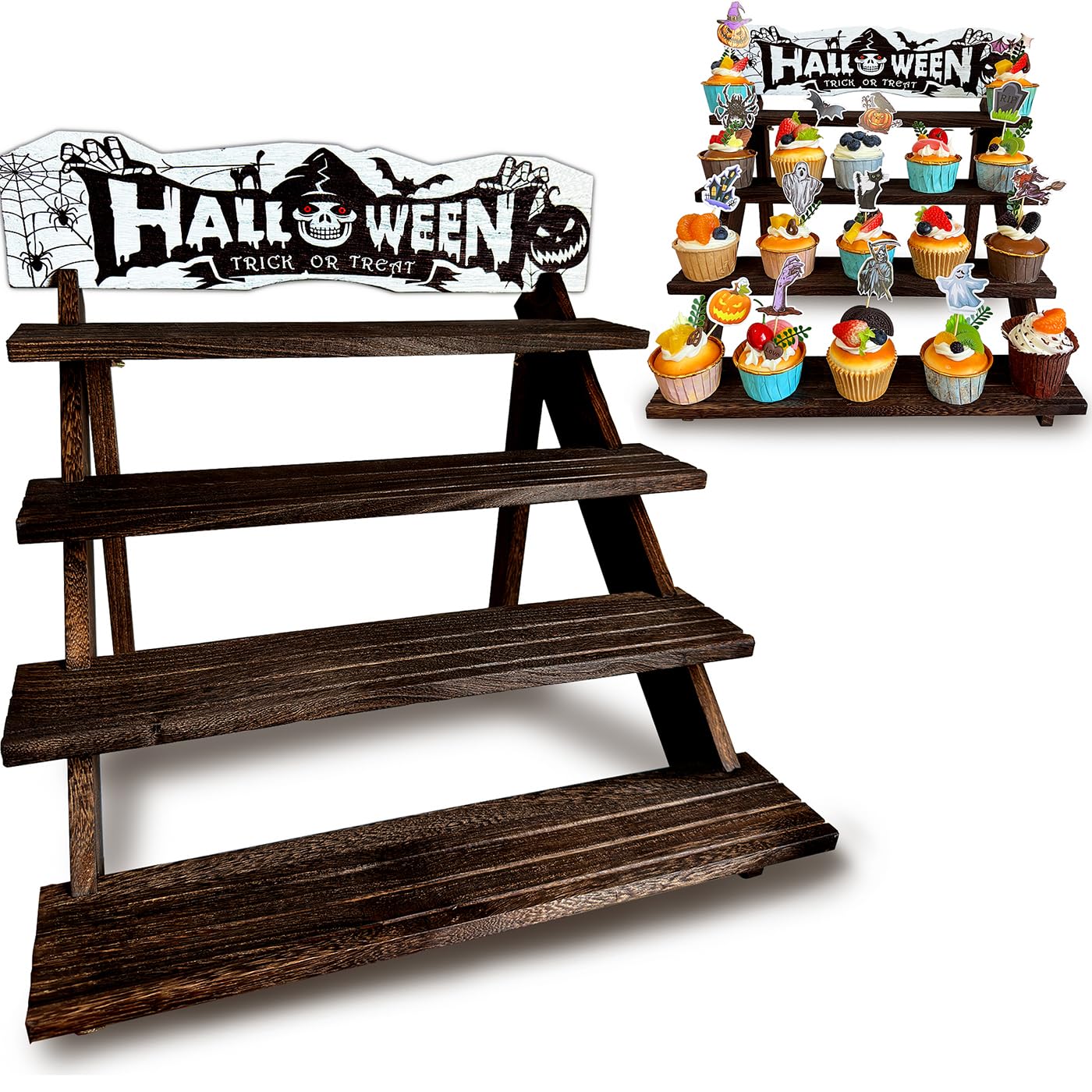 Umgozrz Halloween Wooden Cupcake Stand 4 Tier Rustic Wood Cupcake Stand Halloween Gothic Skull Cupcake Holder Wooden Dessert Display Stand