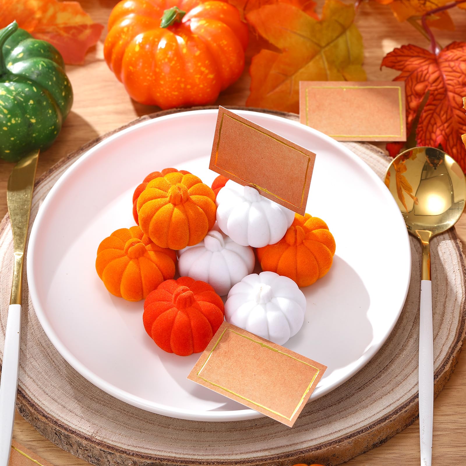 Wonderjune 12 Sets Artificial Pumpkins Harvest Fall Autumn Decoration with Card Thanksgiving Table Decor for Fall Themed Party(Orange, Brown, White)