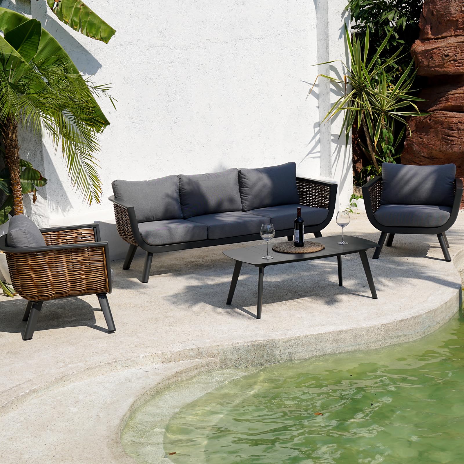 MaluttiLifestyle 5 Piece Patio Outdoor/Indoor Furniture Set, Outdoor Sectional Sofa with Weather-Resistant Cushions and Aluminum Coffee Table, All-Weather Textilene Conversation Set, Black