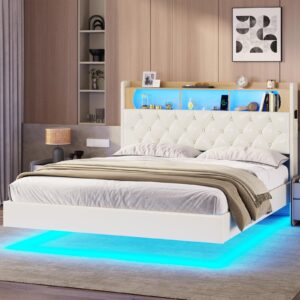 bthfst queen floating bed frame with storage headboard & led lights & charing sation, upholstered headboard rgb led floating bed with usb-c/a charging station, no box spring needed, pu white