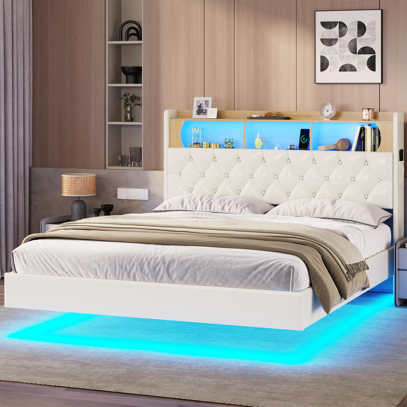 BTHFST Queen Floating Bed Frame with Storage Headboard & LED Lights & Charing Sation, Upholstered Headboard RGB LED Floating Bed with USB-C/A Charging Station, No Box Spring Needed, PU White