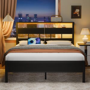 Furnulem Full Size Bed Frame with LED Light and Charging Station, Storage Headboard with 2-Tier Shelves, Metal Platform Bed with Heavy Duty Slats Support, No Box Spring Needed, Black Oak