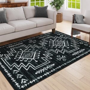 lahome 5x7 black aztec rug for bedroom, moroccan washable soft black and white rug for living room, dining room rug for under table, low pile distressed rug for home decor (black, 5'x7')