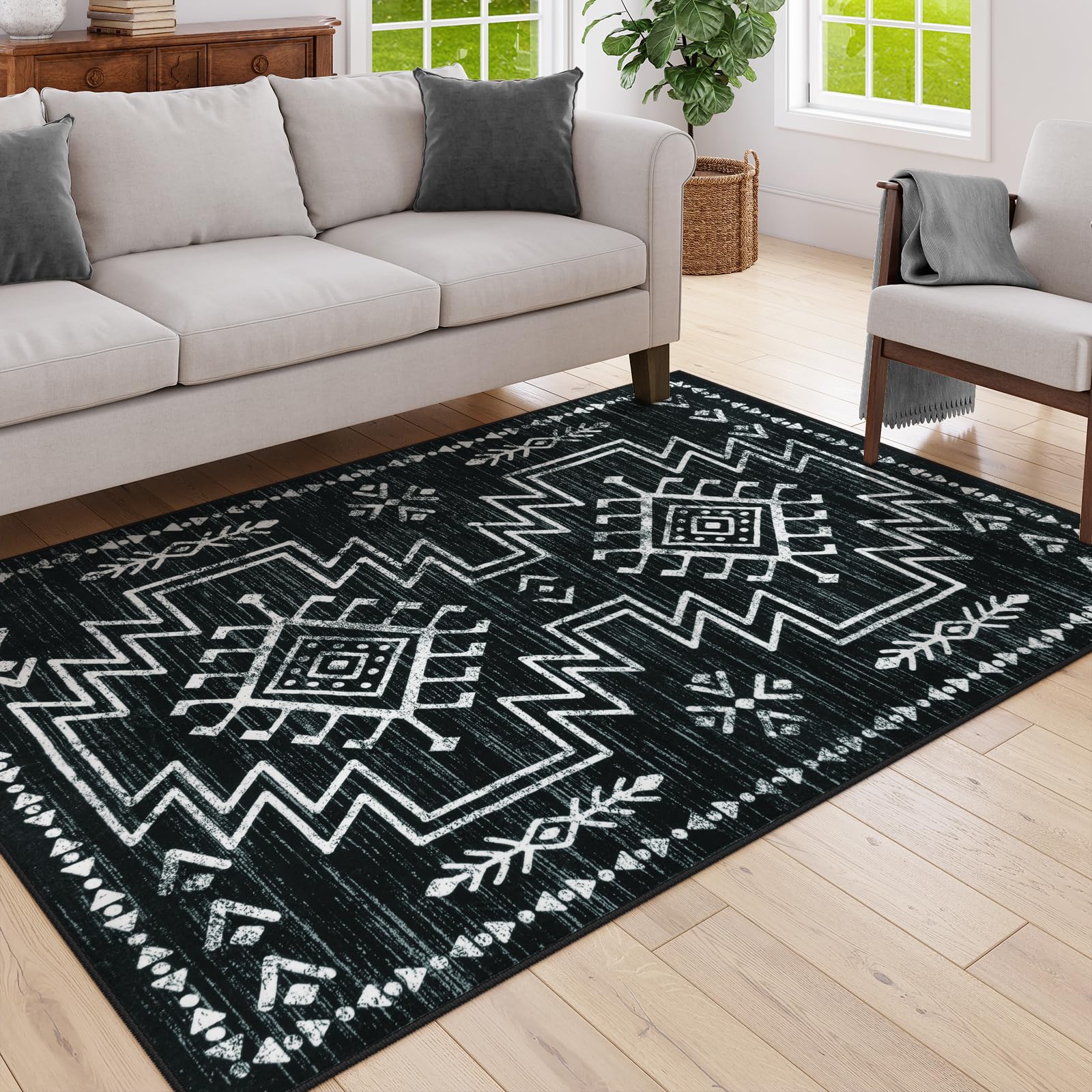 Lahome 5x7 Black Aztec Rug for Bedroom, Moroccan Washable Soft Black and White Rug for Living Room, Dining Room Rug for Under Table, Low Pile Distressed Rug for Home Decor (Black, 5'x7')