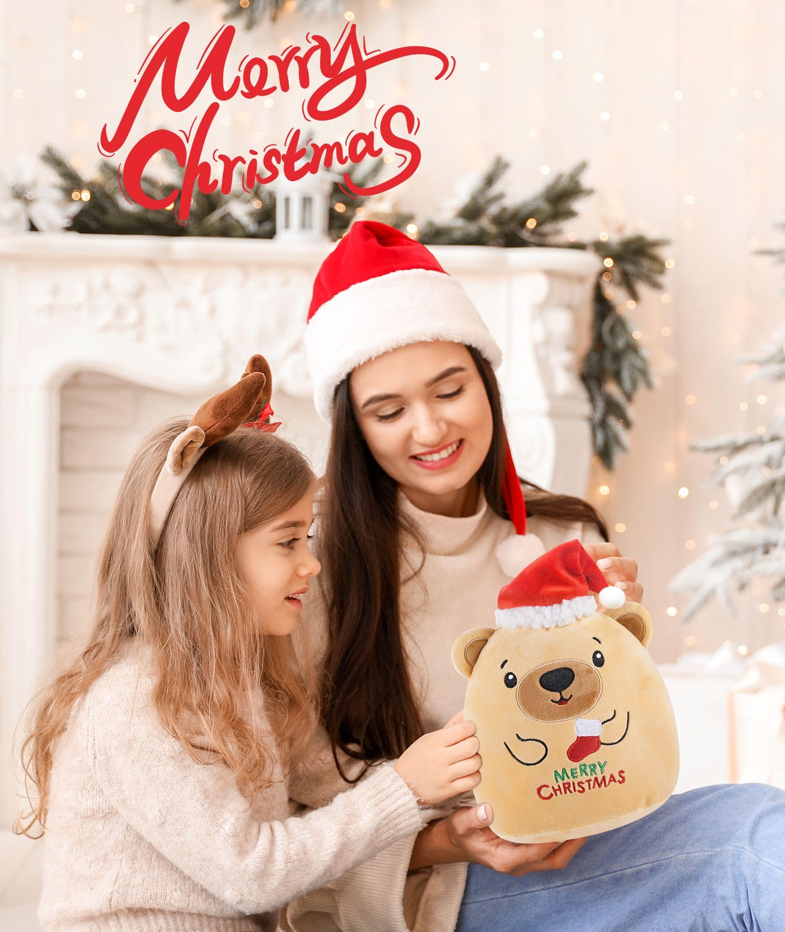 LeYoHa Christmas Plush Bear Stuffed Animals - Teddy Bear Plush Toys with Santa Hat Gift, Kids' Pillow Cushion, Gifts for Holiday Kids, Light Brown, 8 Inch