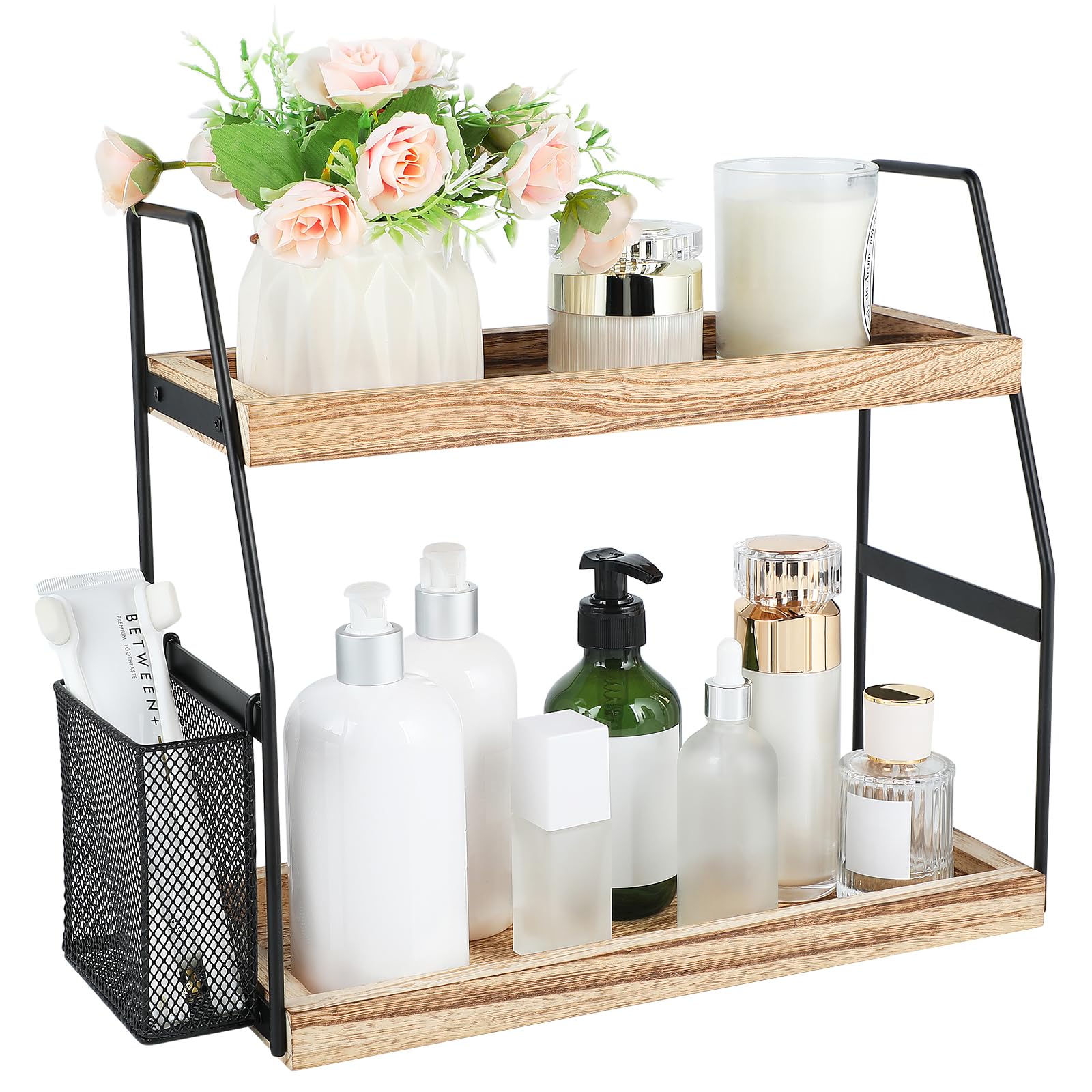 Uneviesyka Bathroom Counter Organizer, 2-Tier Standing Storage Shelf with Basket, Wood Tray for Skincare Vanity Organizer