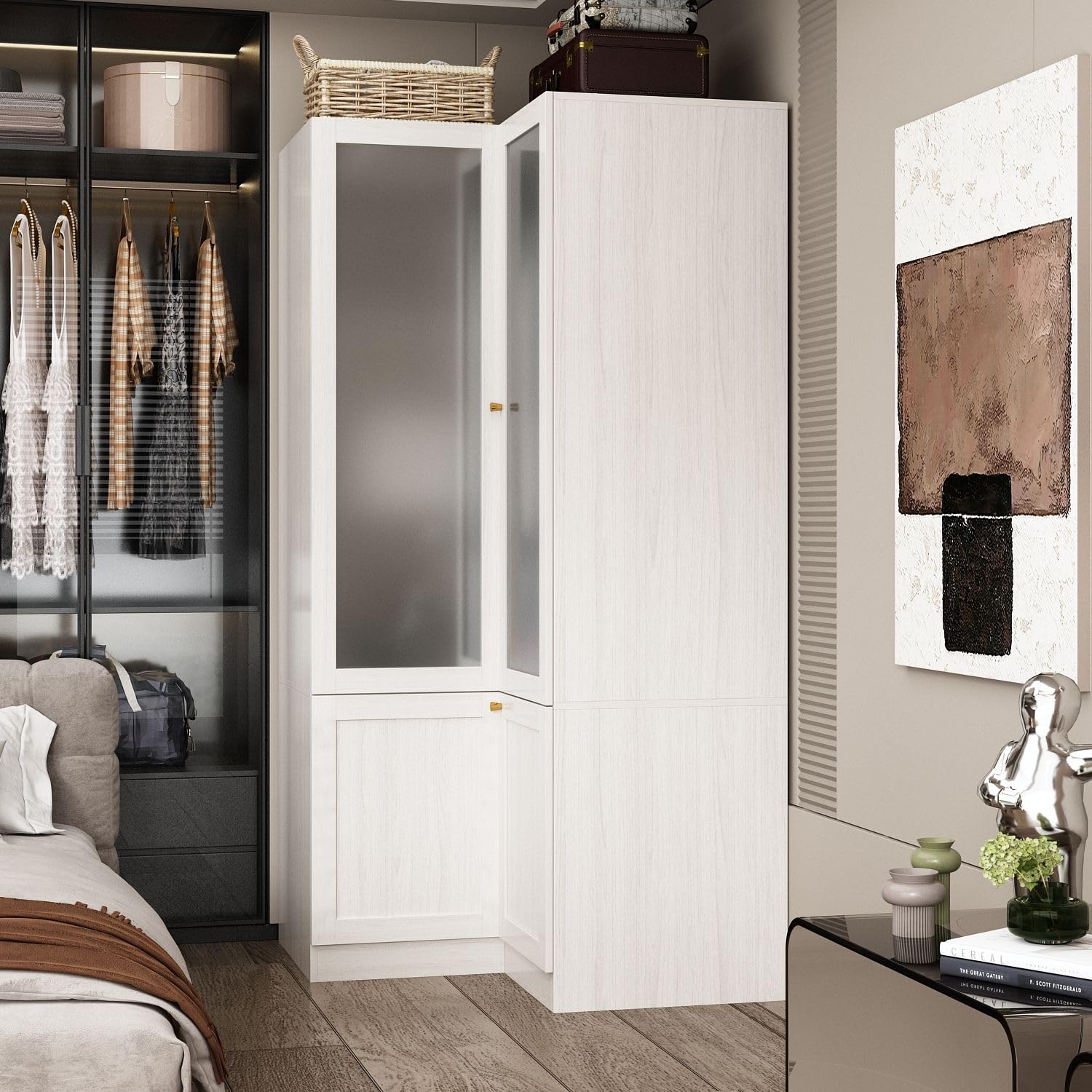 MOUMON Corner Wardrobe Closet with 2 Glass Doors, Armoire Wardrobe Closet with Hanging Rod, for Bedroom Wood Grain (16.3+19.1”W x 19.1+16.3”D x 70.9”H)