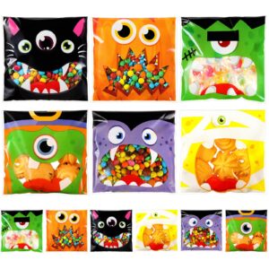 cholemy 300 pieces halloween treat bags self adhesive trick or treat candy bags bulk witch bat clear plastic cellophane bags for happy halloween party favors cookies goodies wrapping (funny)