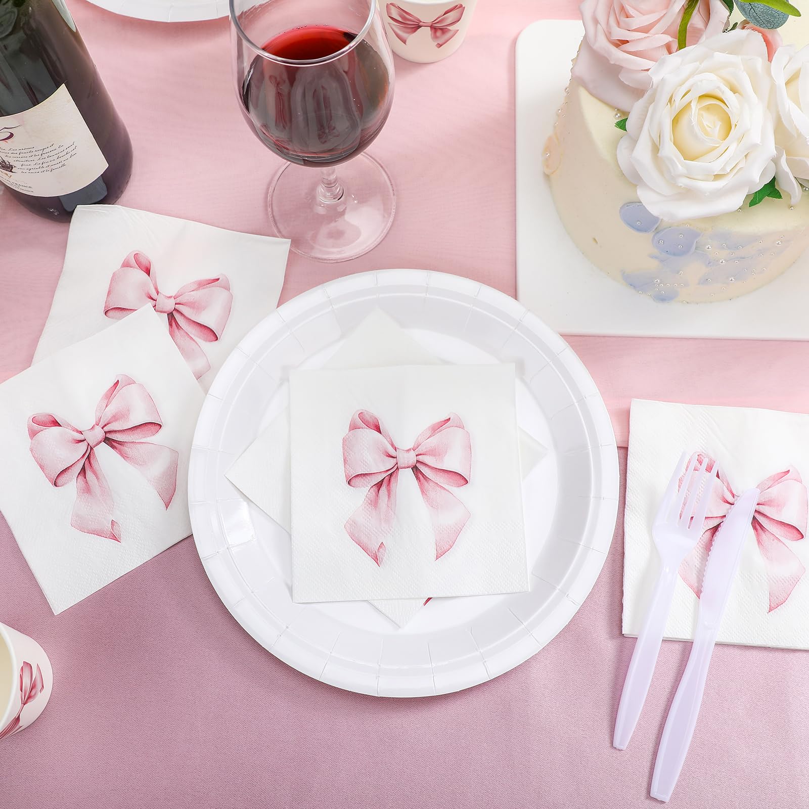 Crtiin 100 Pcs Bow Napkins 2 Ply 5 x 5 Inches Bachelorette Party Bow Theme Party Decorations Bridal Engagement Baby Shower Tableware Coquette Supplies Tea Party Girls Birthday Napkins Decor (Pink)