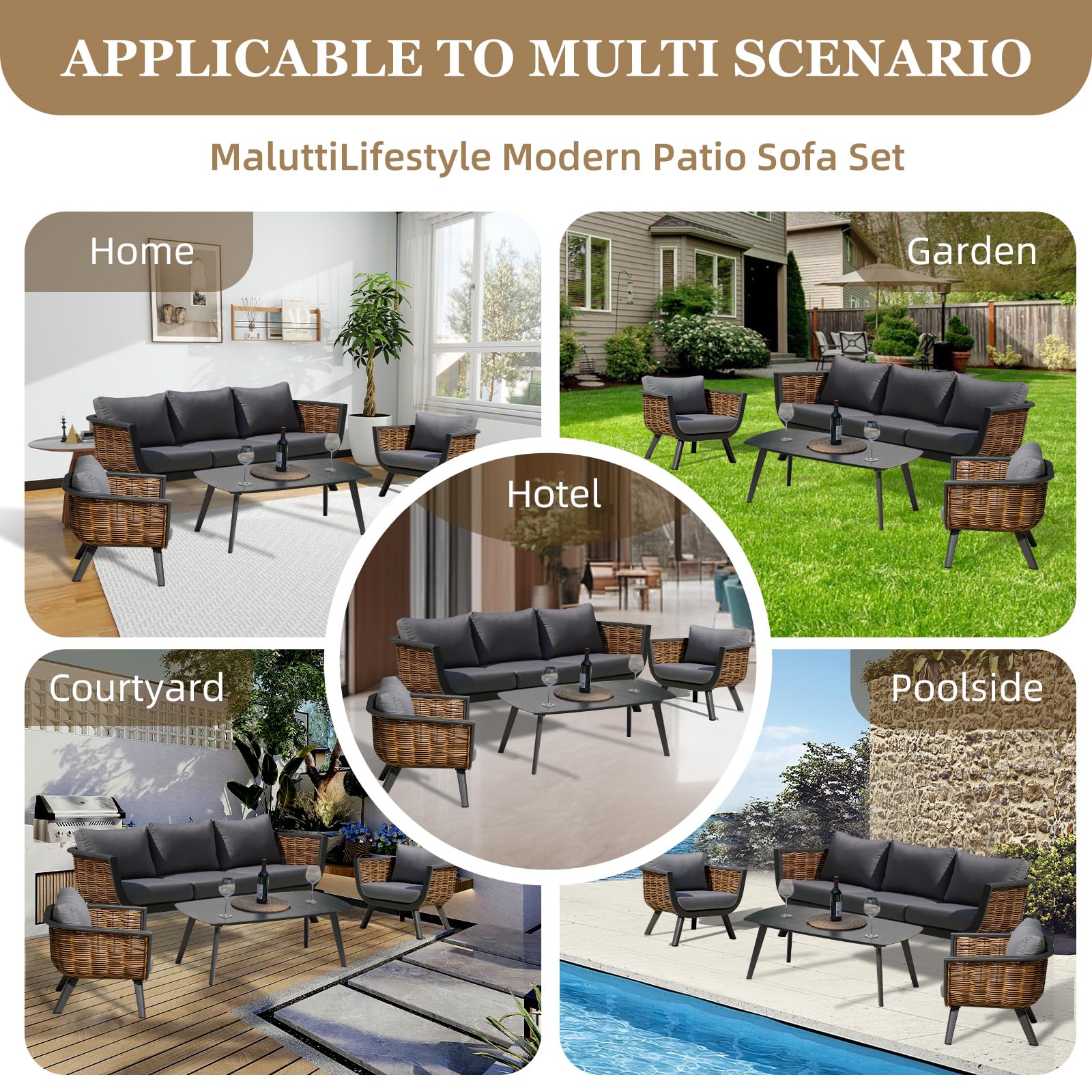 MaluttiLifestyle 5 Piece Patio Outdoor/Indoor Furniture Set, Outdoor Sectional Sofa with Weather-Resistant Cushions and Aluminum Coffee Table, All-Weather Textilene Conversation Set, Black