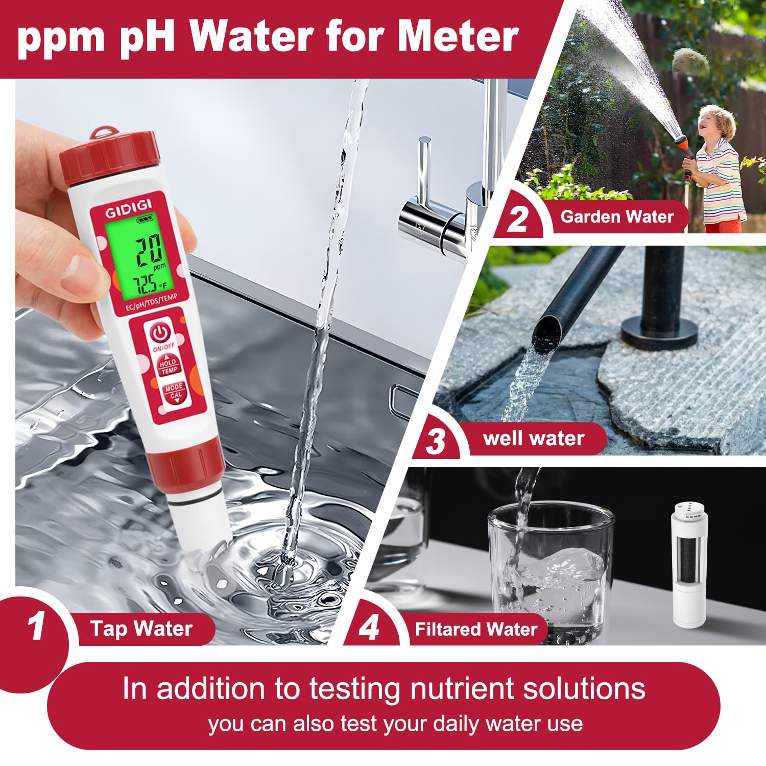 GIDIGI pH Meter,Hydroponic pH Tester, Nutrients ppm pH Meter with Backlit Display,Digital 4 in 1 TDS EC Temp pH and ppm Meter for Nutrients Water,Aquarium,Drinking Water,Tap Water,Irrigation Water