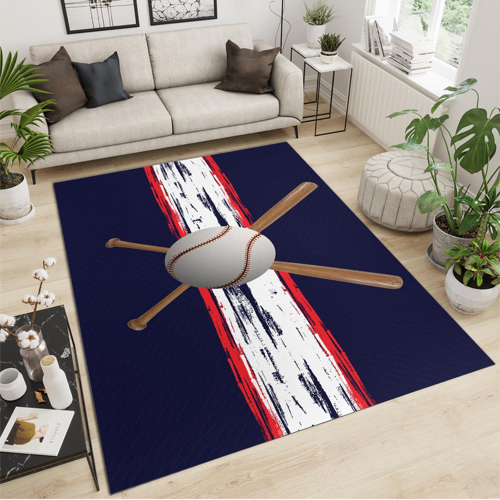 FXOURA Red Line Baseball Area Rugs, American Baseball Indoor Non-Slip Kids Rug, Upholstery Rug with Non-Slip Backing for Kids Boys Girls Bedroom Living Room Dining Room Study 2ftx3ft