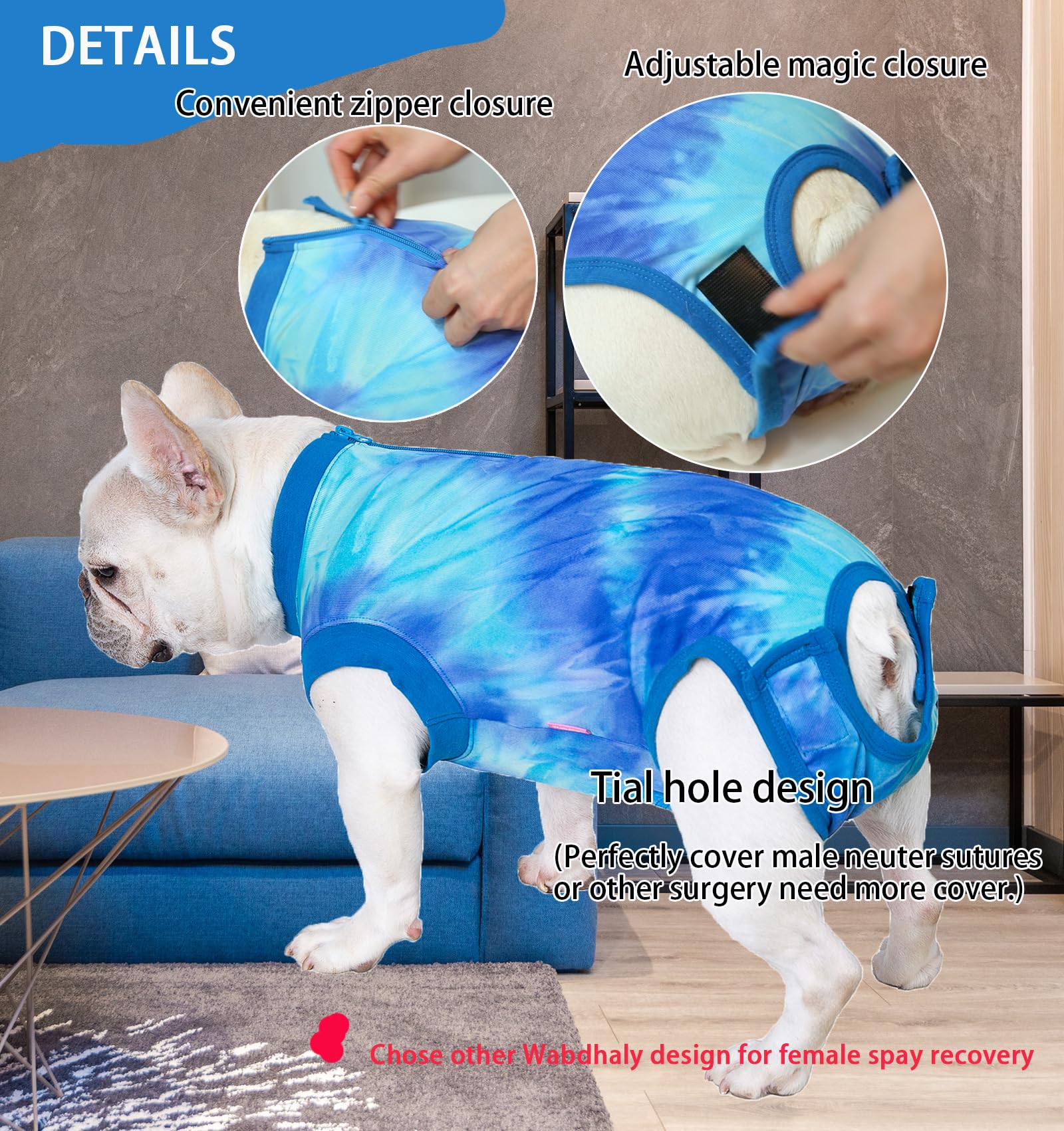 Wabdhaly Dog Zipper Recovery Suit for Male Neuter Surgery,Male Dog Recover Onesie,Dogs Abdominal Wounds Sutures Bodysuit,E-Collar & Cone Alternative Surgical Large Recovery Suit,Tie Dye Blue Small