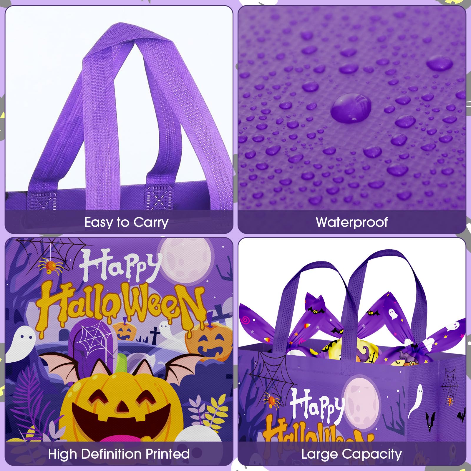 PERFQU 6 Pcs Halloween Goodie Bags - Large Happy Halloween Party Favor Bags, Non-Woven Halloween Tote Goody Candy Gift Bags with Handles for Halloween Themed Trick or Treat Party Favors Supplies