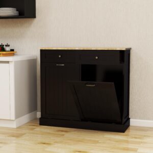 INDSUMOT Black Trash Cabinet with Two Drawers, Hidden Dustbin Door, and UV Painting, Versatile Kitchen Island Extension, Durable Storage Solution for Kitchen, Dining Room, Laundry, and Recycling