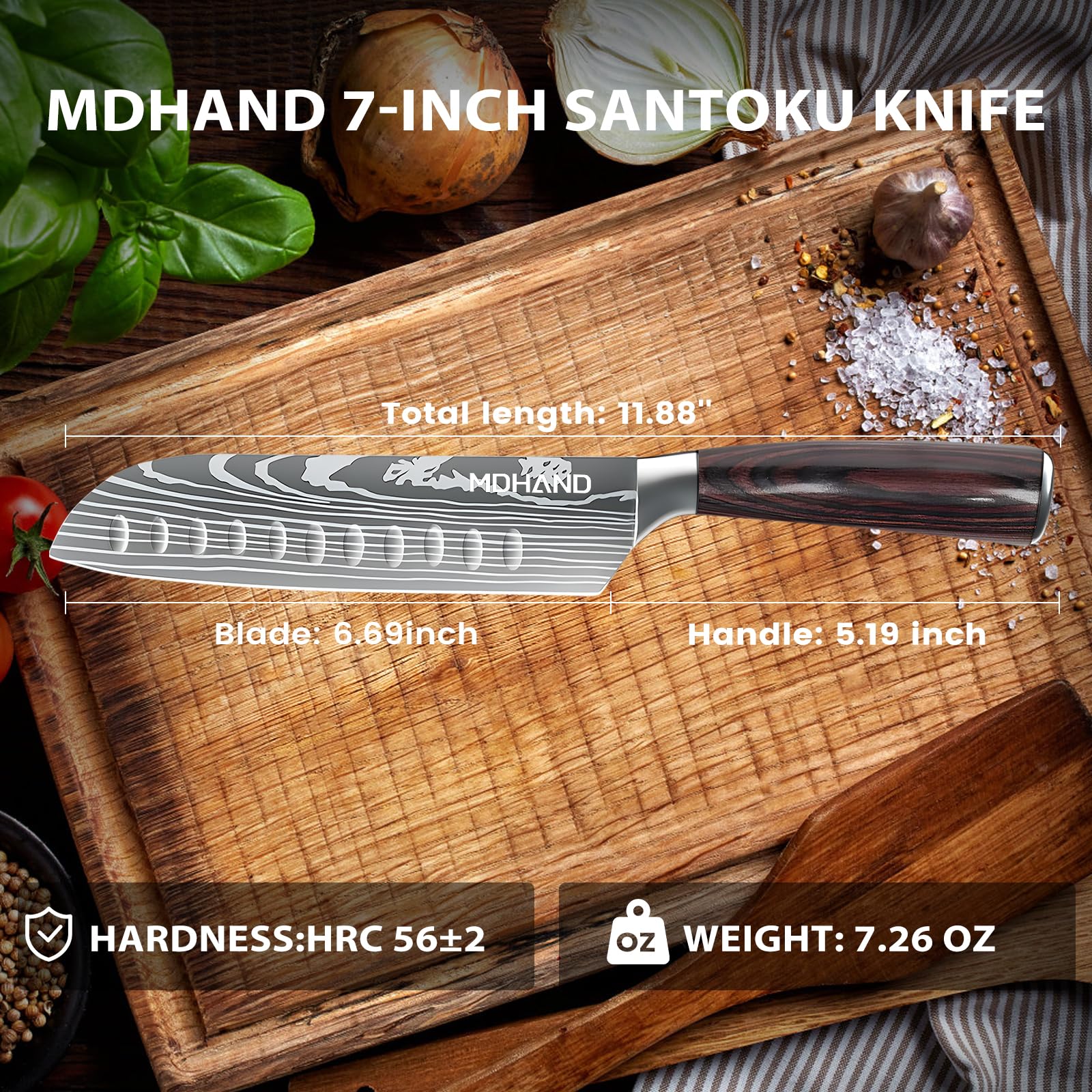 MDHAND 7" Santoku Knife – Ultra Sharp Japanese Chef Knife - Forged High Carbon German Stainless Steel Chopping Knife with Ergonomic Pakkawood Handle Design, Gifts for Women and Men