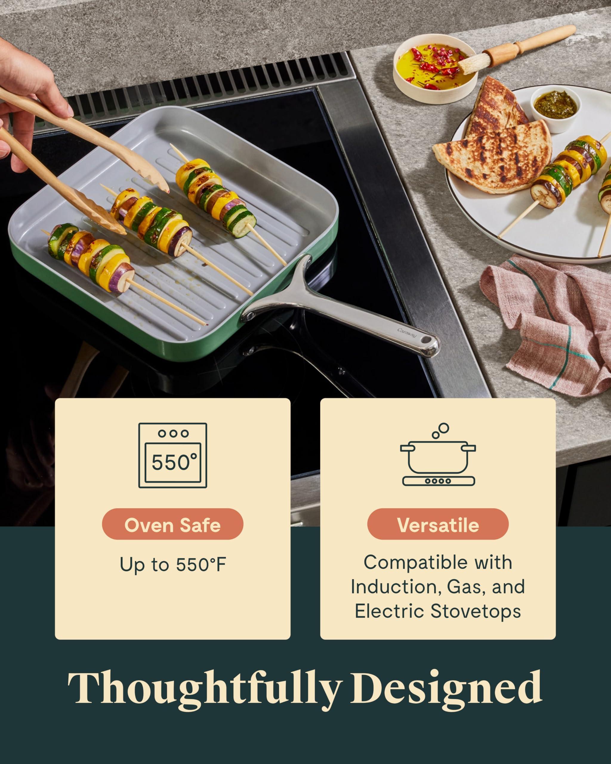 Caraway Griddle Pan & Grill Pan Duo - Non-Stick Ceramic Coated - Non Toxic, PTFE & PFOA Free - Oven Safe & Compatible with All Stovetops – Sage