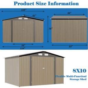 TIMWNER Large Storage Shed, 10' × 8' FT Metal Storage Shed with Lockable Door, Waterproof Shed Outdoor Use, Tool Shed with Windows for Bike, Garden, Brown