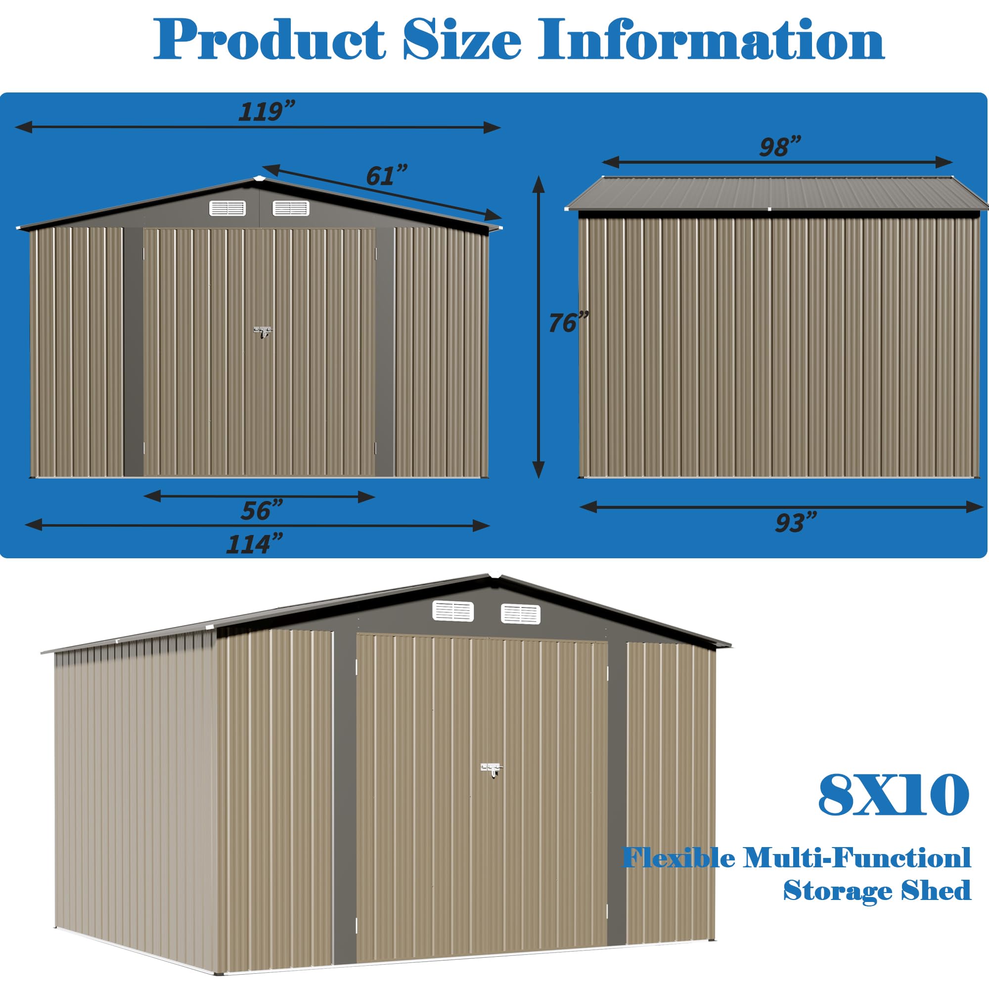 TIMWNER Large Storage Shed, 10' × 8' FT Metal Storage Shed with Lockable Door, Waterproof Shed Outdoor Use, Tool Shed with Windows for Bike, Garden, Brown