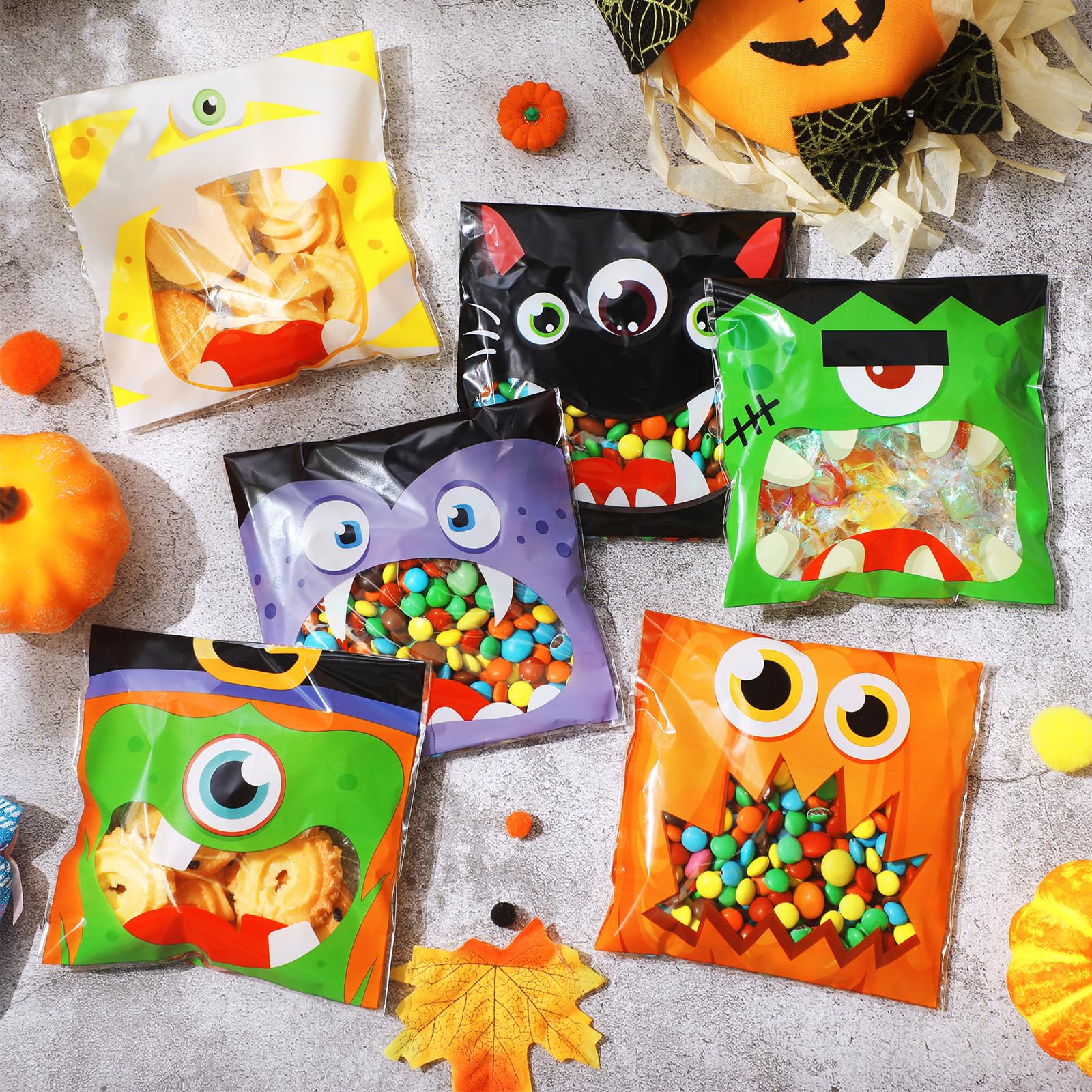 Cholemy 300 Pieces Halloween Treat Bags Self Adhesive Trick or Treat Candy Bags Bulk Witch Bat Clear Plastic Cellophane Bags for Happy Halloween Party Favors Cookies Goodies Wrapping (Funny)