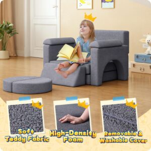 ONBRILL Kids Sofa Couch, 12pcs Modular Play Couch Set, Children Floor Sofa Building Fort, Washable Teddy Cover, Convertible Foam & Floor Cushion, DIY Creative Playroom Furniture for Boys & Girls, Grey